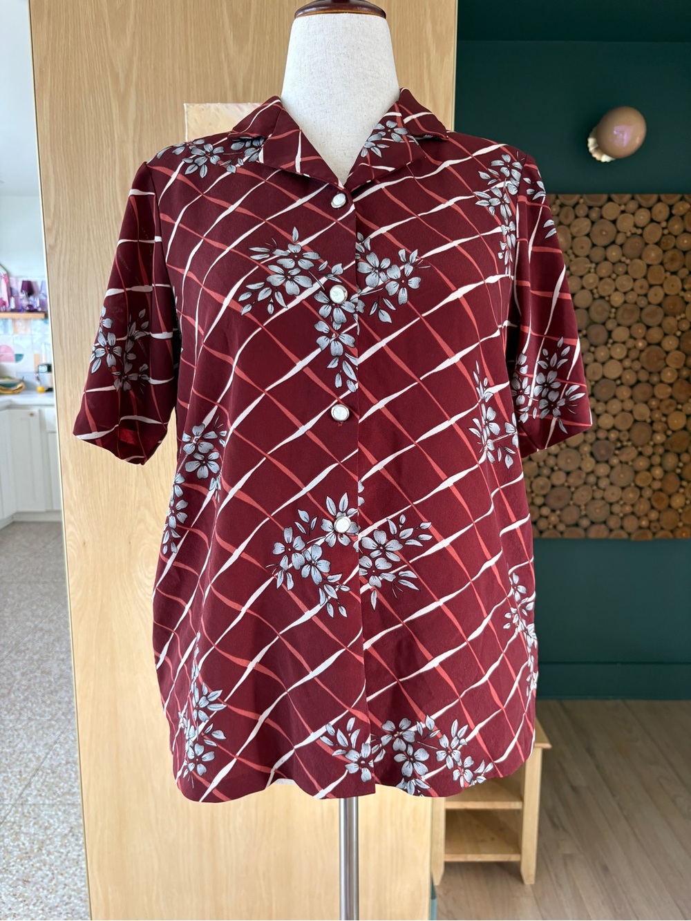 Short Sleeve Button-Up Shirt - Burgundy Floral